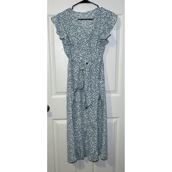 Sienna Sky Short Sleeve Button & Tie Waist Maxi Dress Teal/White Size Small - Picture 1 of 8